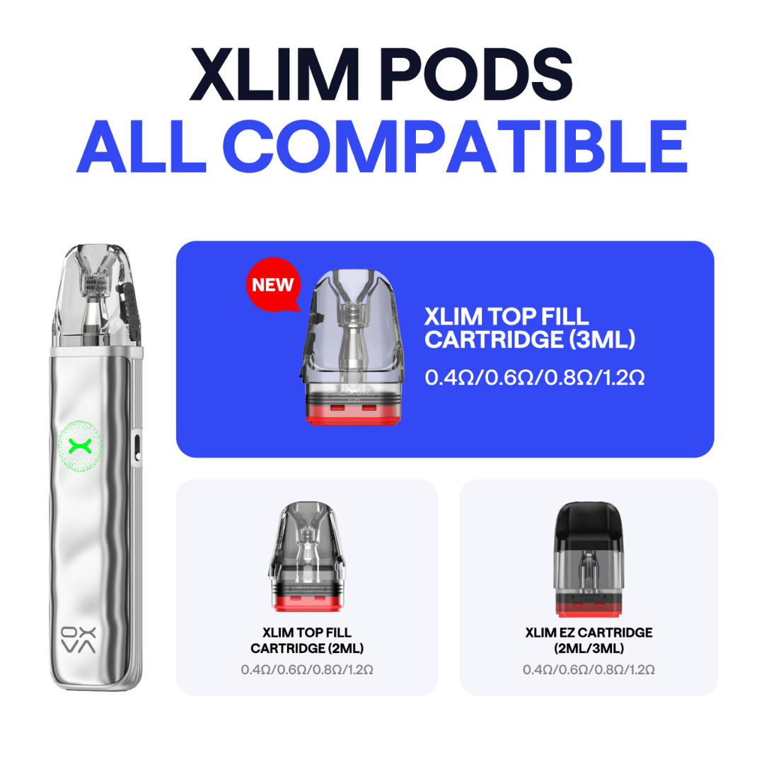 Vaping device and pods with 'Xlim Pods All Compatible' text on a white background