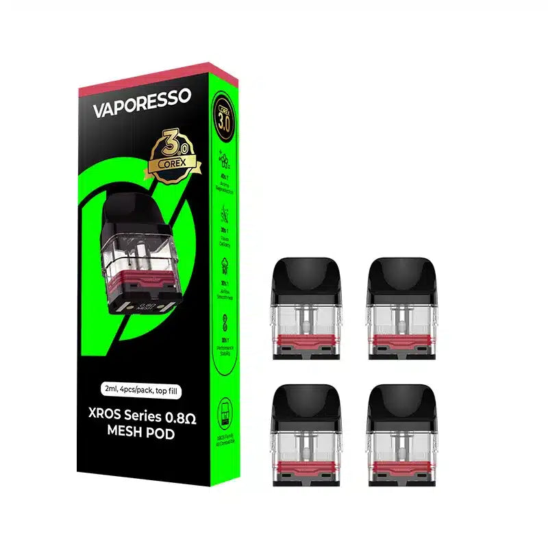 Vaporesso COREX 3.0 XROS Series mesh pod packaging with four pods on a white background