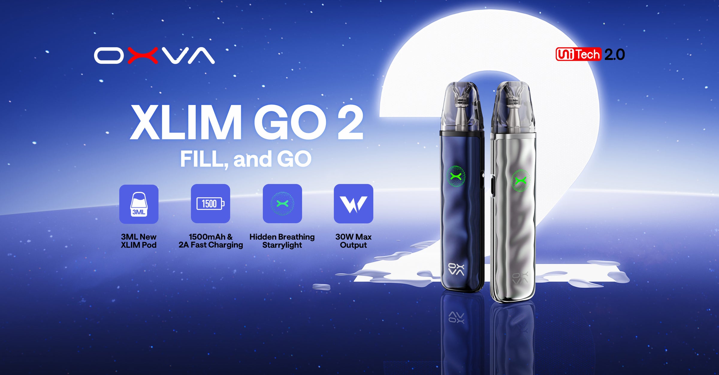 OXVA Xlim Go 2 vaping device on a blue background with moon and stars.