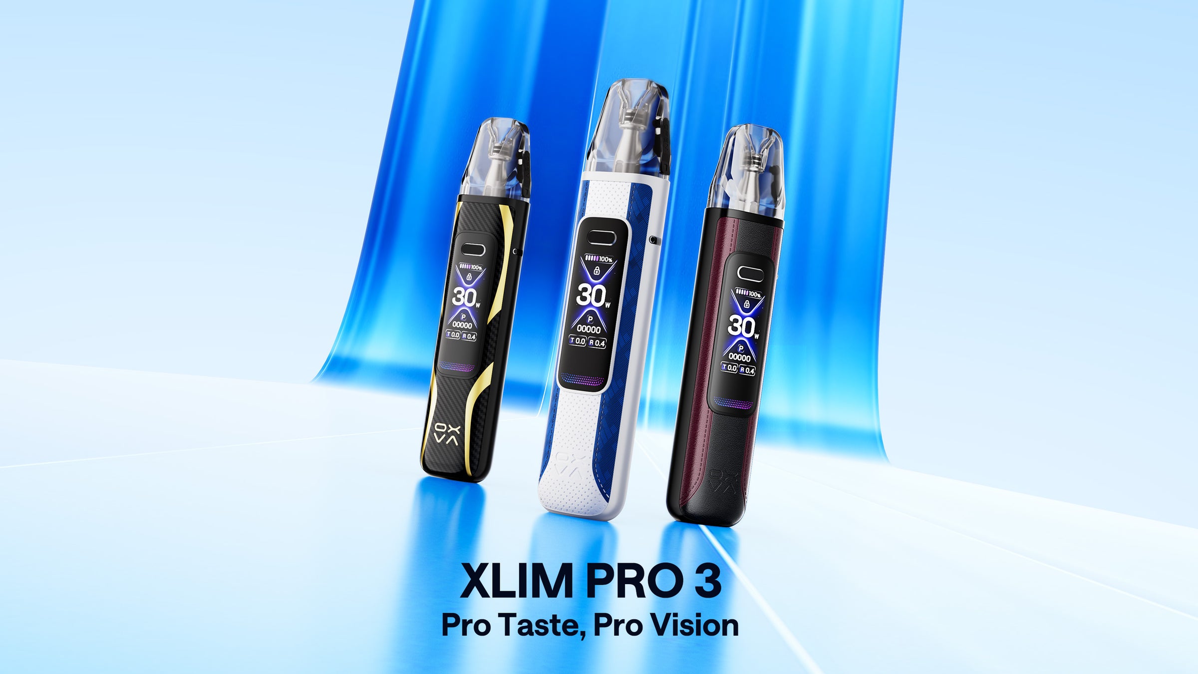 Three vaping devices labeled 'XLIM PRO 3' on a blue gradient background