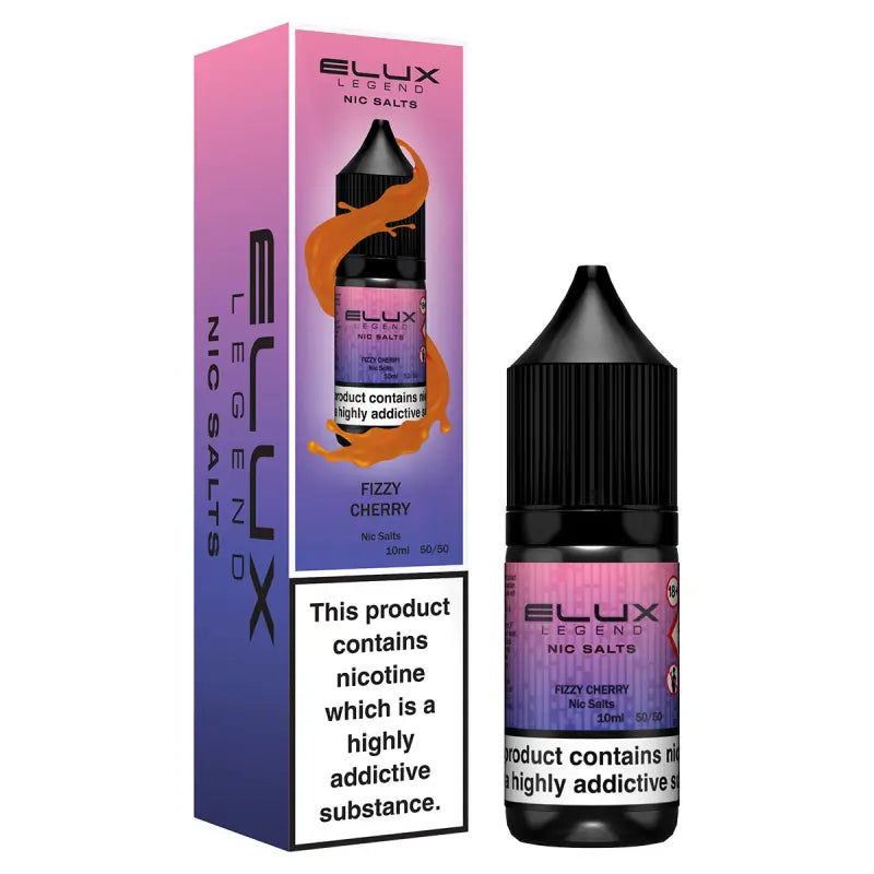 Elux Legend Nic Salts Fizzy Cherry e-liquid bottle and packaging on a white background