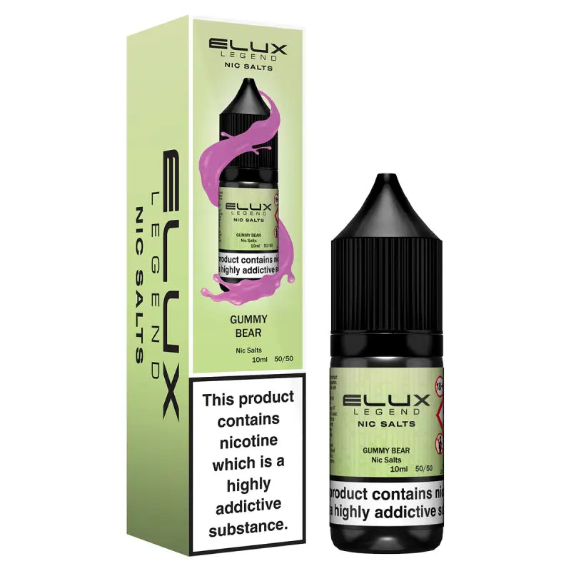 Elux Legend Nic Salts Gummy Bear vape juice bottle and packaging on a white background