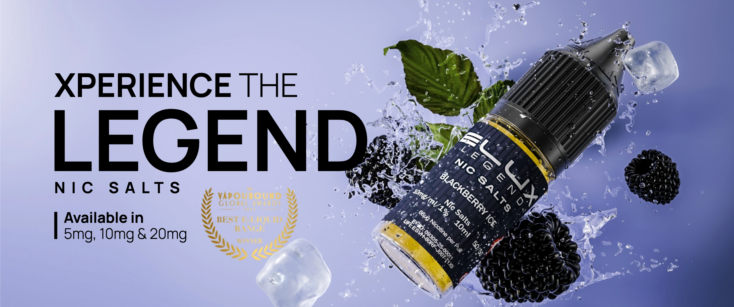 Nicotine salt bottle with blackberries and ice on a blue background, featuring the text 'Xperience the Legend'.