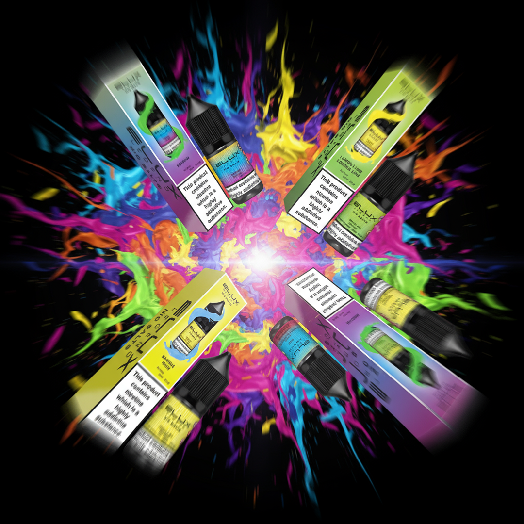 Elux vape juice bottles with colorful splashes on a black background