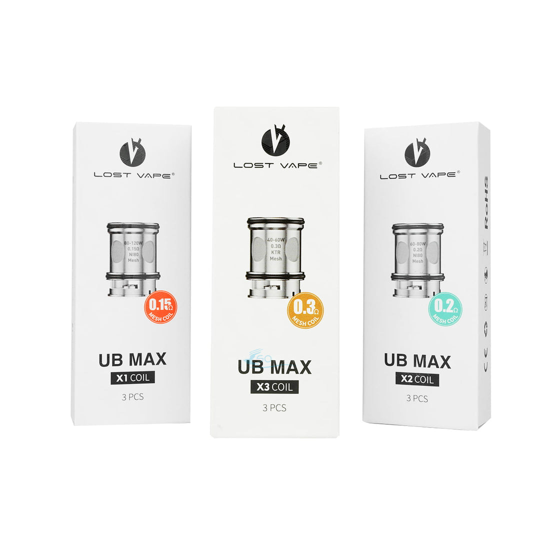 Three Lost Vape UB Max vape coil packaging boxes on a white background