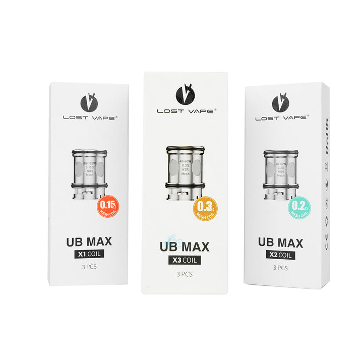 Three Lost Vape UB Max vape coil packaging boxes on a white background