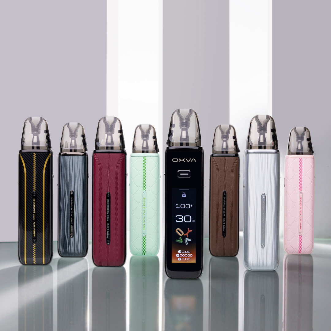 oxva xlim 3 ultra vaping kits in a row on a white background