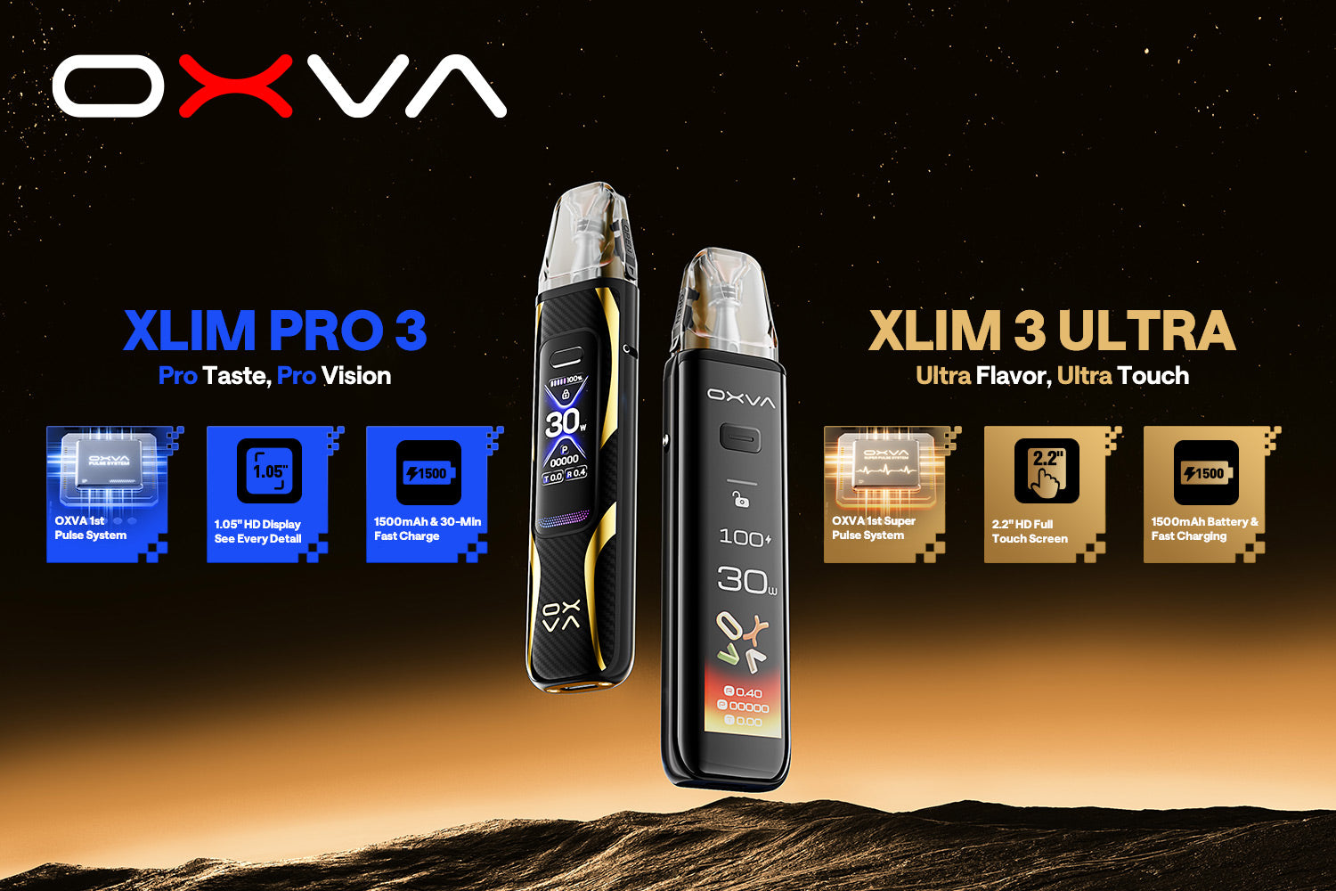 oxva xlim pro 3 and ultra vape kits on a dark background