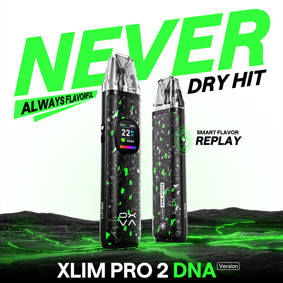 Two vape devices with promotional text about flavor and dry hit on a green black and white background