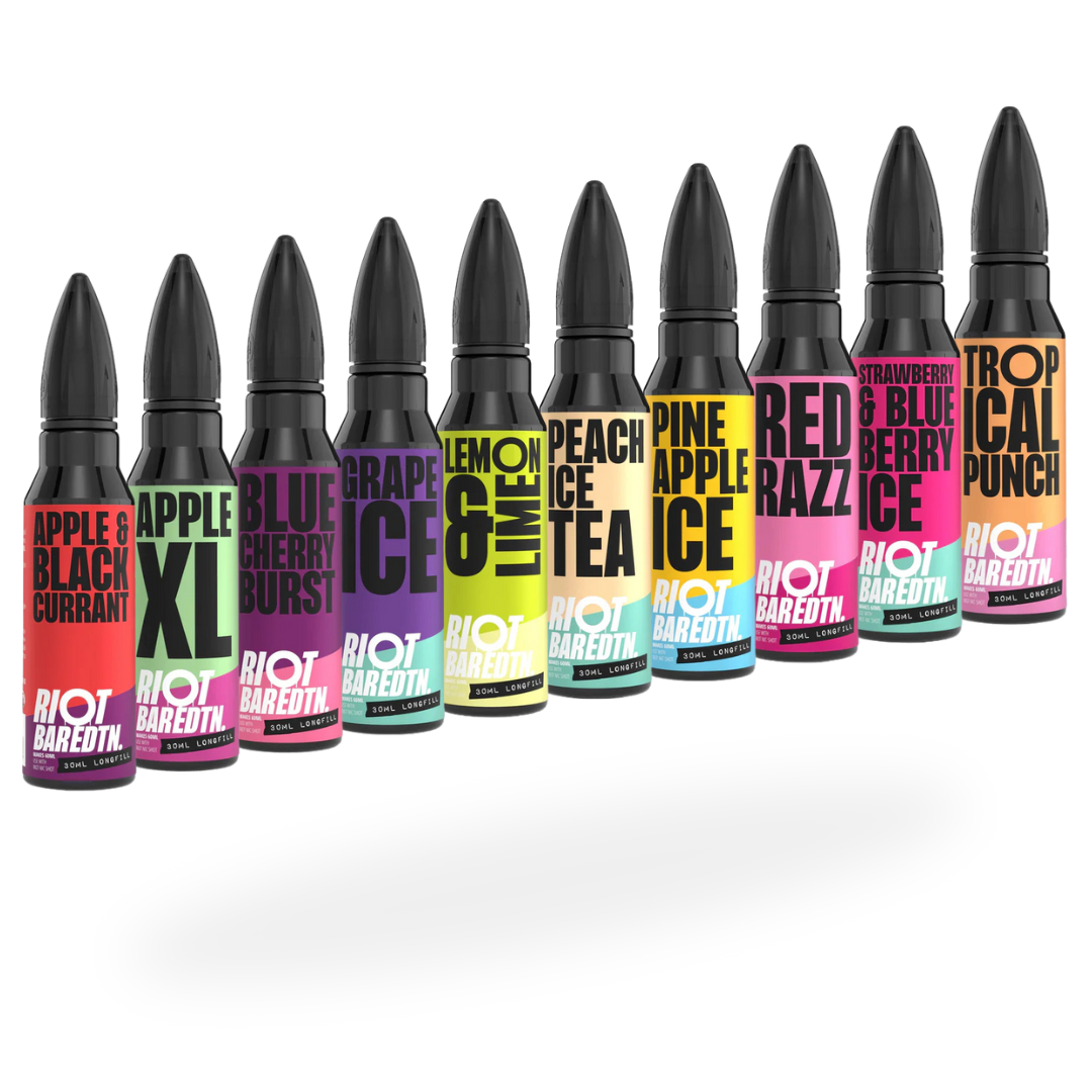 all riot squad bar edition longfill eliquids in a row