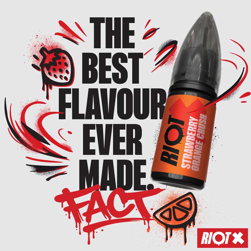 RIOT X strawberry orange crush vape bottle with text 'The best flavour ever made. Fact' 