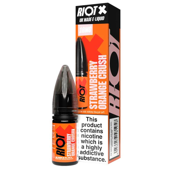 RIOT X Strawberry Orange Crush nicotine salt e-liquid bottle and packaging 