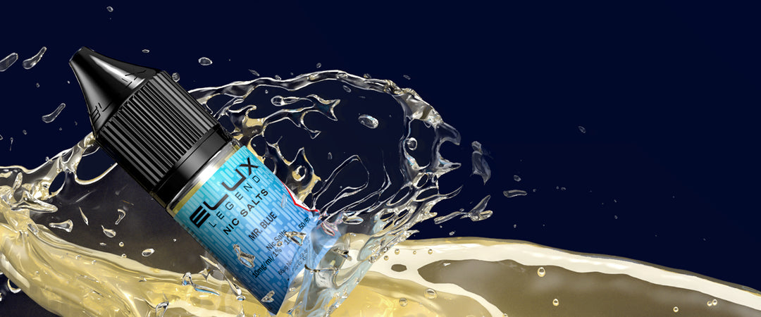 E-liquid bottle with splashing liquid on a dark background