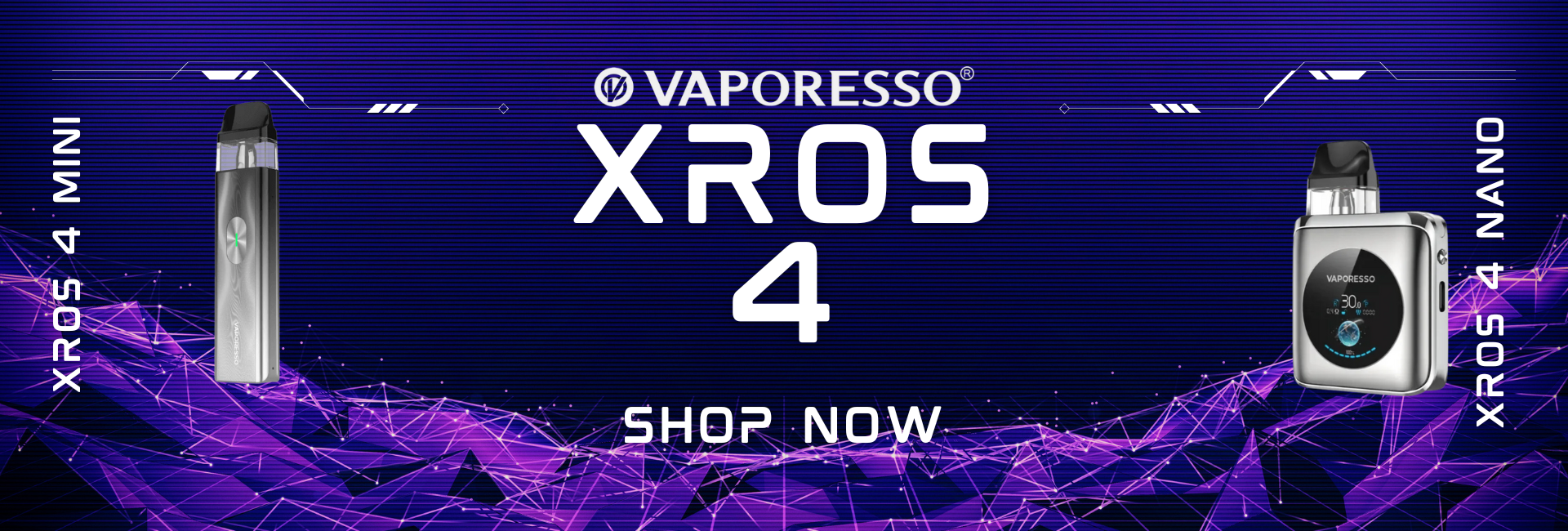 vaporesso xros 4 nano and xros 4 mini on a futuristic background