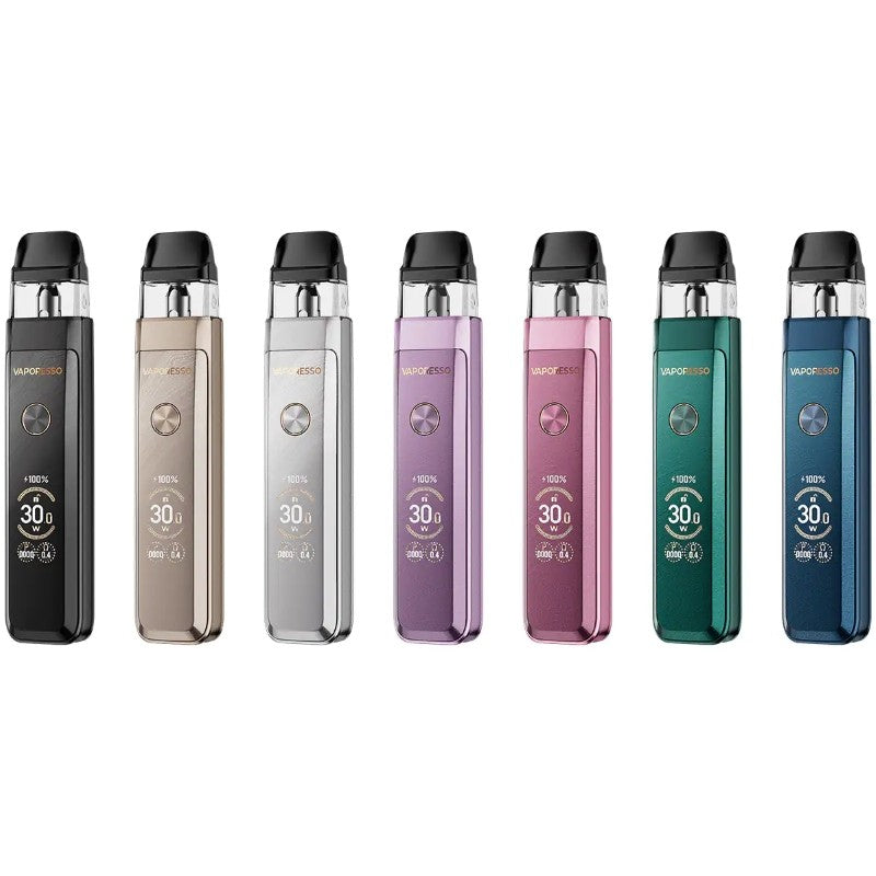 Row of VAPORESSO vaping devices in various colors on a white background