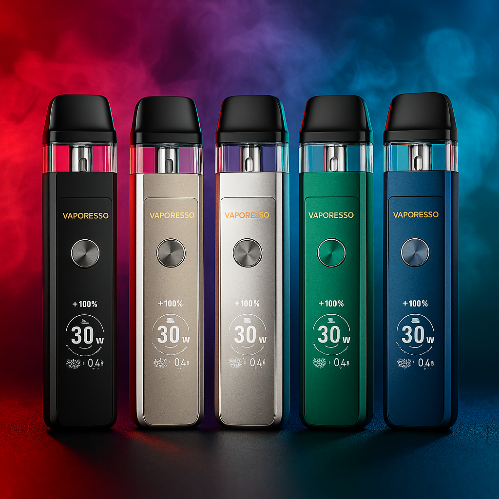 Vaporesso  Xros Pro 2 vaping devices in black, gold, silver, green, and blue on a colorful background.