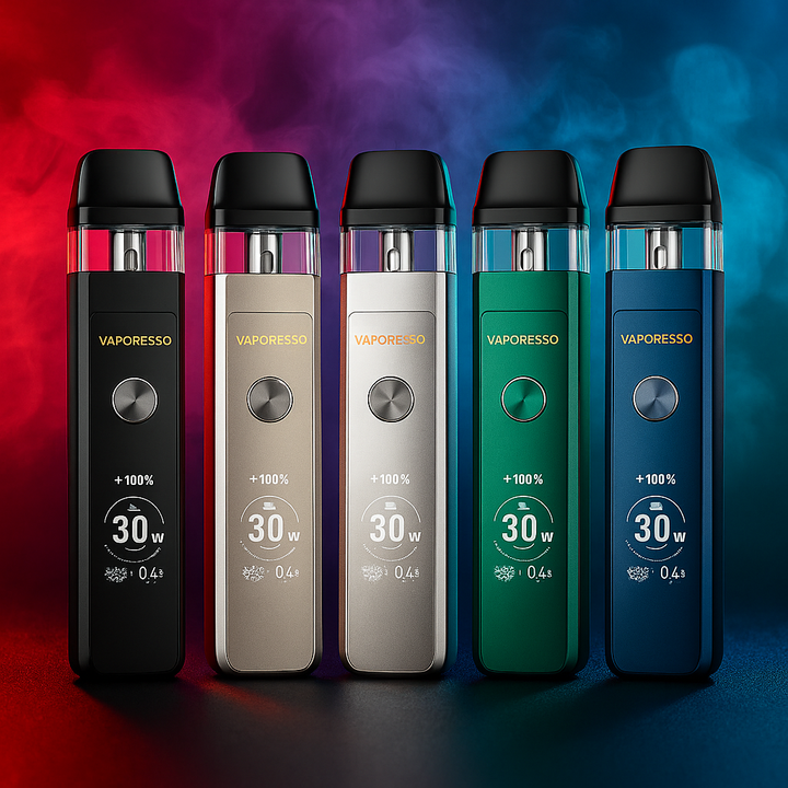 Vaporesso  Xros Pro 2 vaping devices in black, gold, silver, green, and blue on a colorful background.