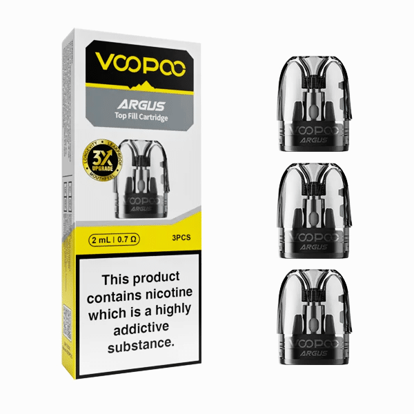 VOOPOO Argus top fill cartridge packaging with three cartridges on a white background