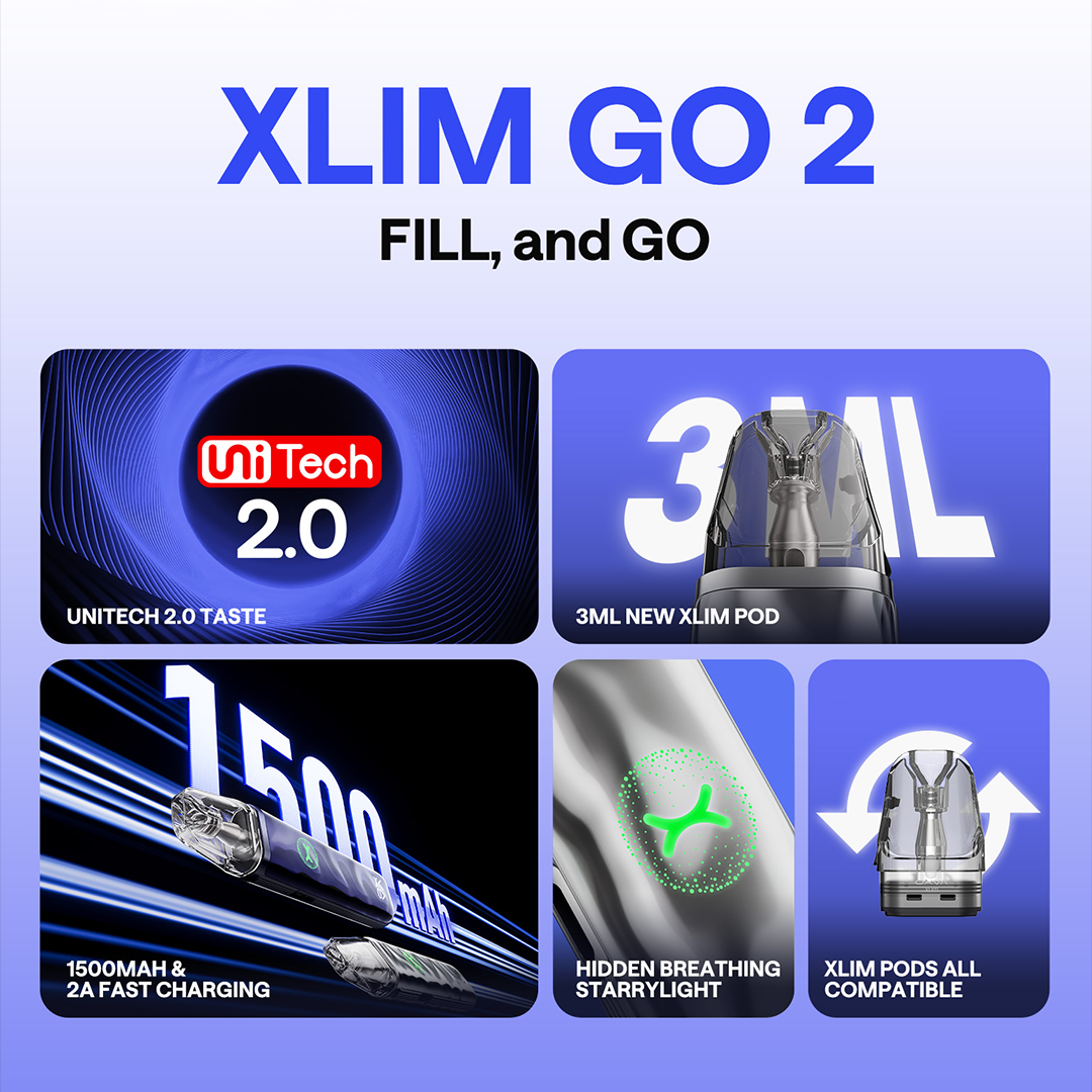 Promotional graphic for XLIM GO 2 vape device with features highlighted on a blue background.