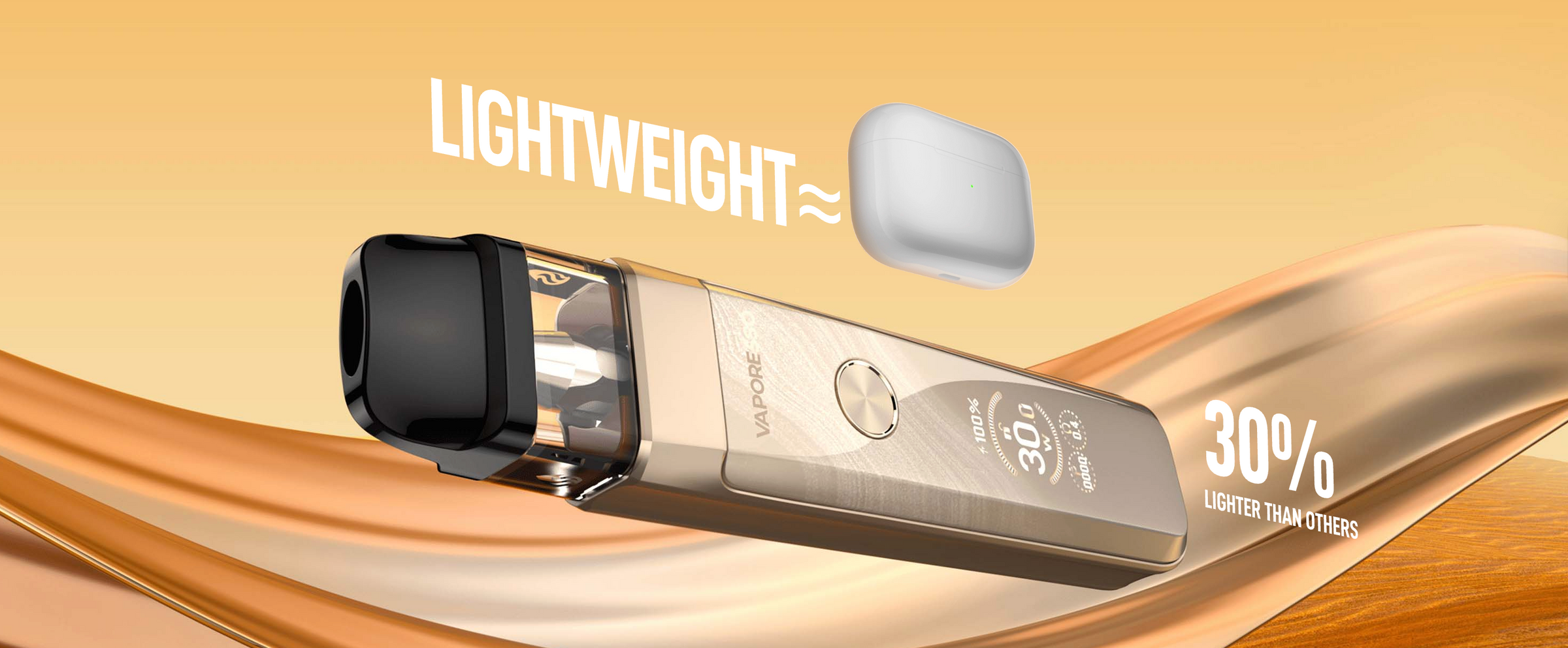 Vape device with 'Lightweight' and '30% lighter than sticks' text on a gold background