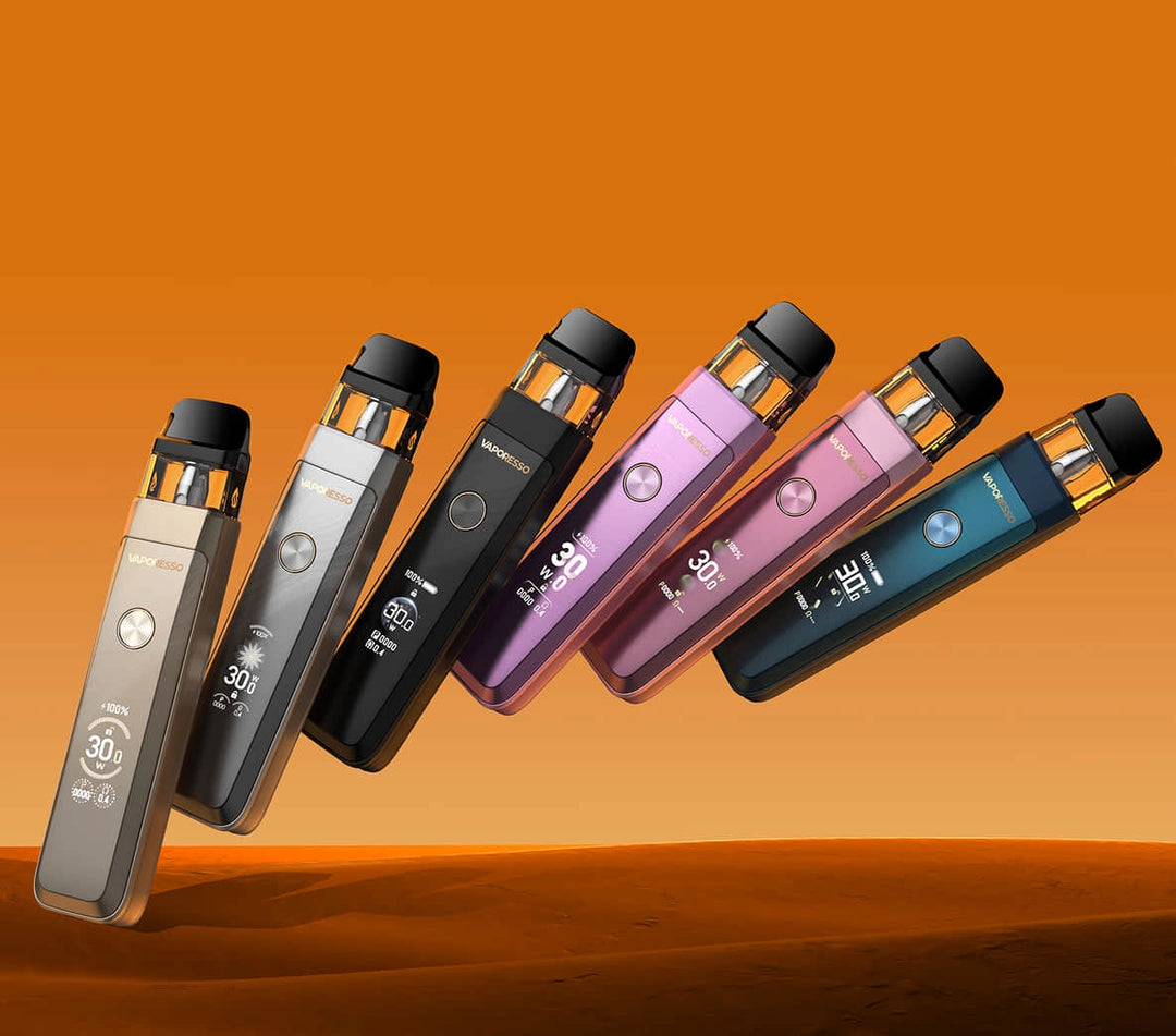 Multiple vaporesso xros pro 2 devices in various colors on an orange background